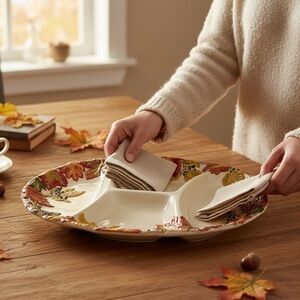 Platter/Serving Tray Fall/Thanksgiving/Holiday Leaves & Berries 4-Section EUC